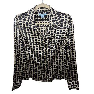 Gene Meyer Top Womens 8 Beige Black Silk Blend Blouse Button Down Long Sleeve